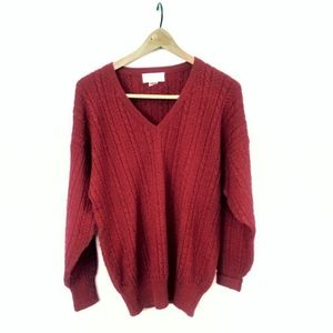 Rasberry red v-neck cable knit slouchy sweater